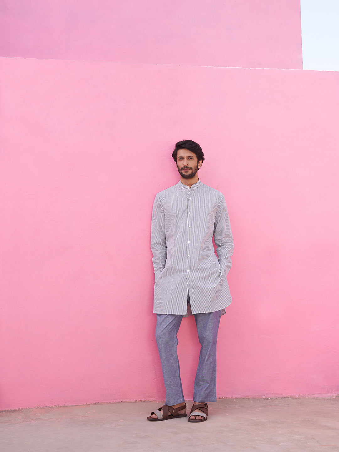 Chambray Striped mandarin collar kurta