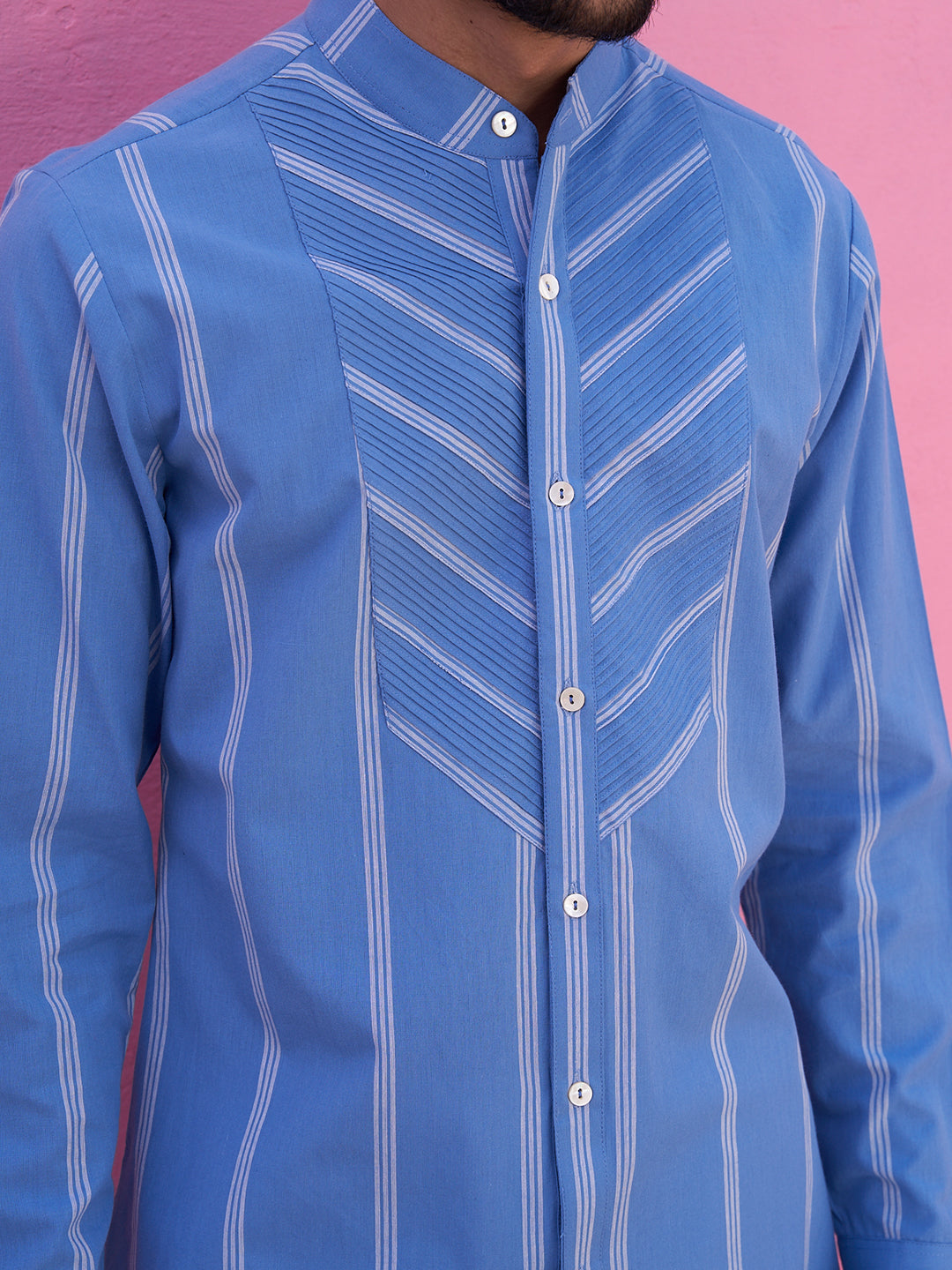 Blue striped kurta with pintucks