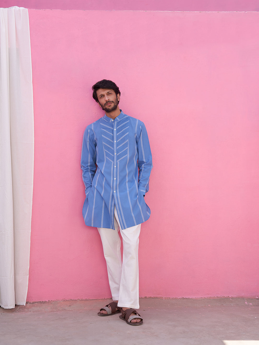 Blue striped kurta with pintucks