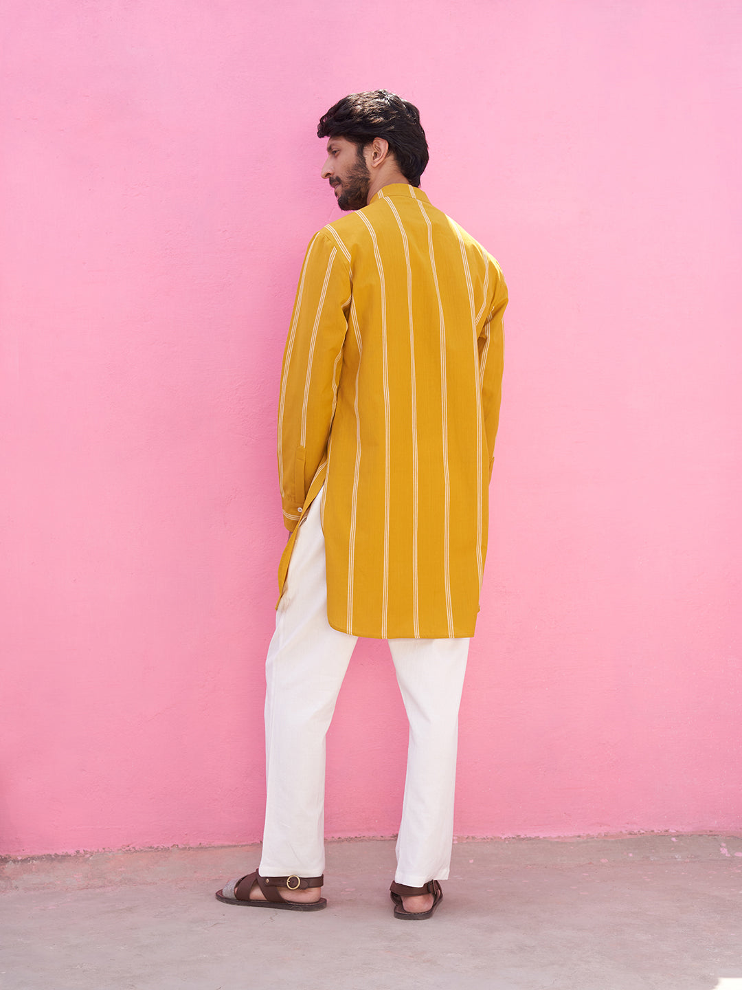 Yellow striped kurta with pintucks with straight pants