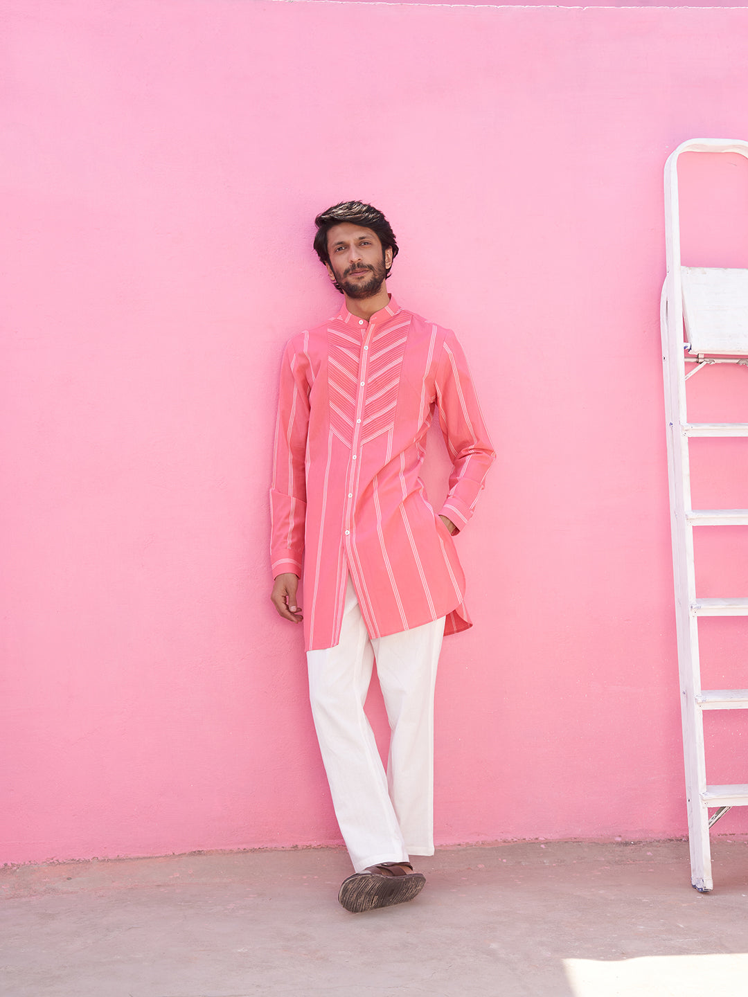 Pink striped kurta with pintucks