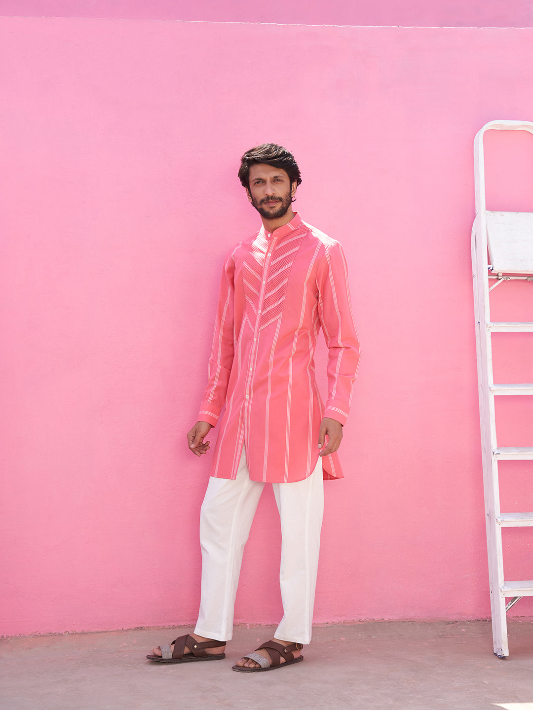 Pink striped kurta with pintucks with straight pants