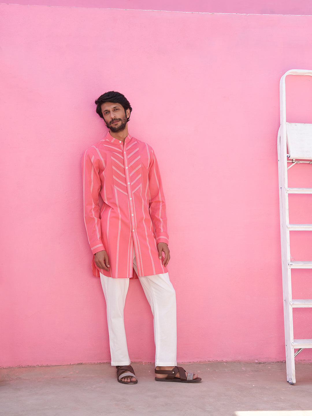 Pink striped kurta with pintucks with straight pants