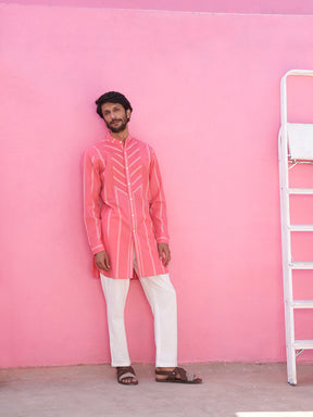 Pink striped kurta with pintucks with straight pants