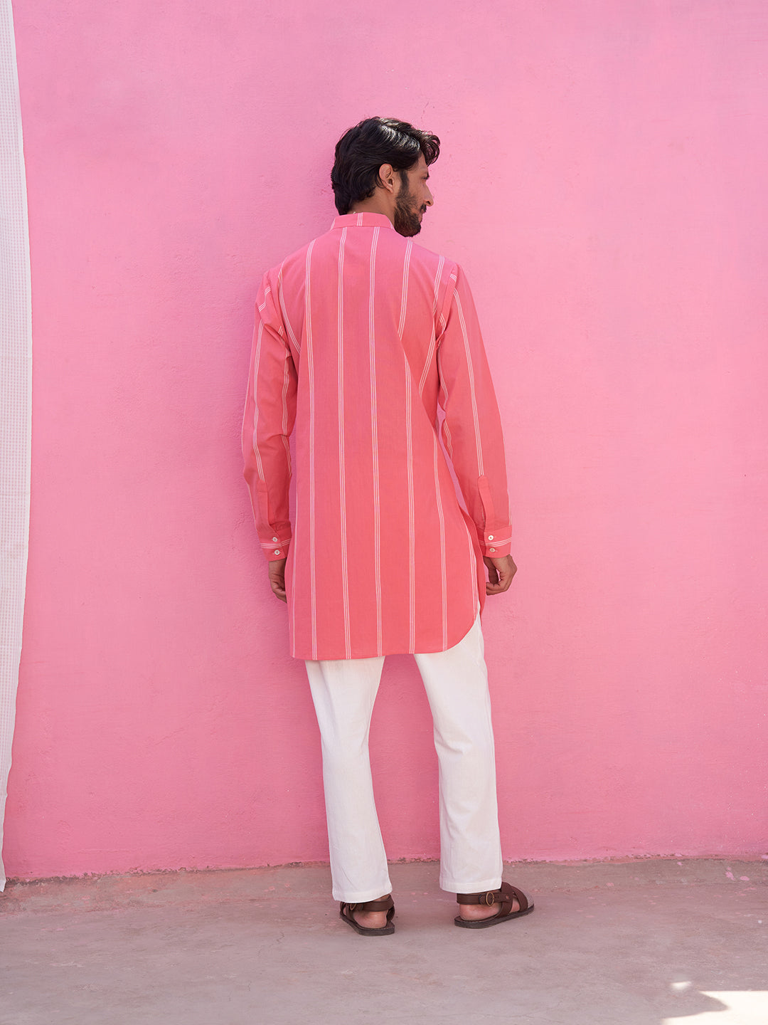 Pink striped kurta with pintucks with straight pants