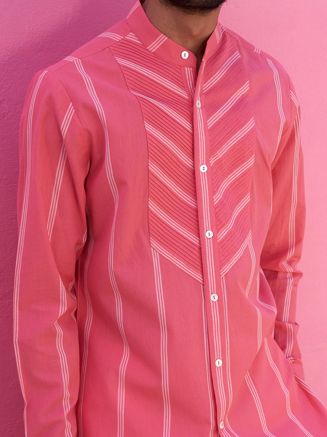 Pink striped kurta with pintucks with straight pants