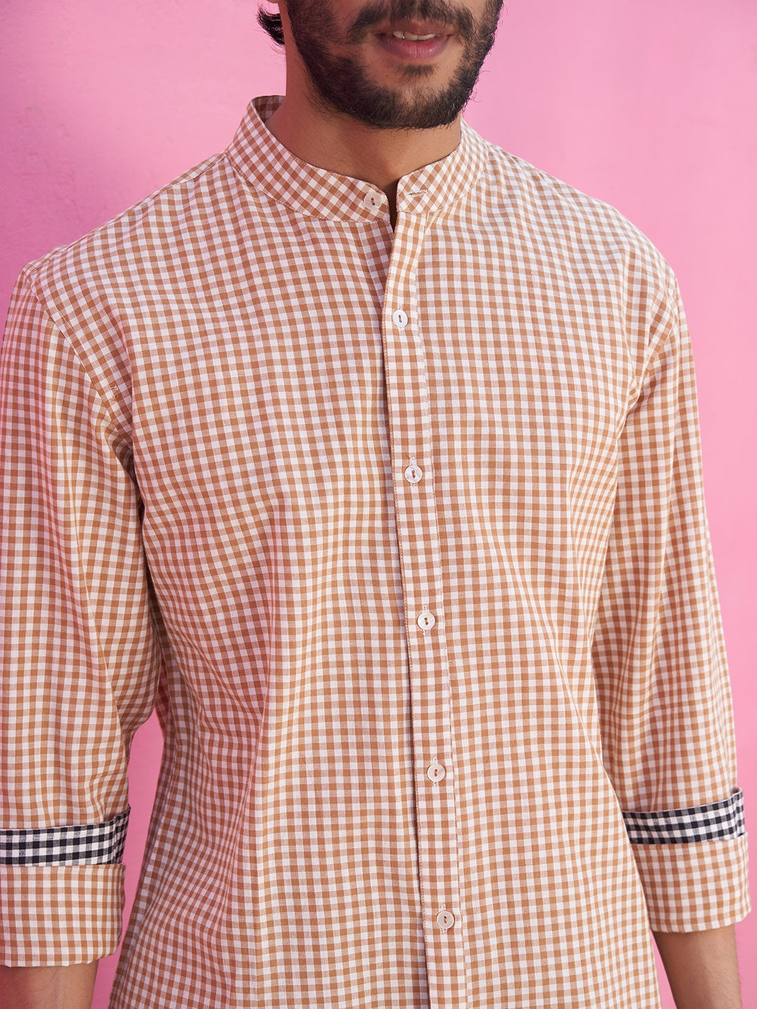 Mandarin collar Brown gingham checks shirt