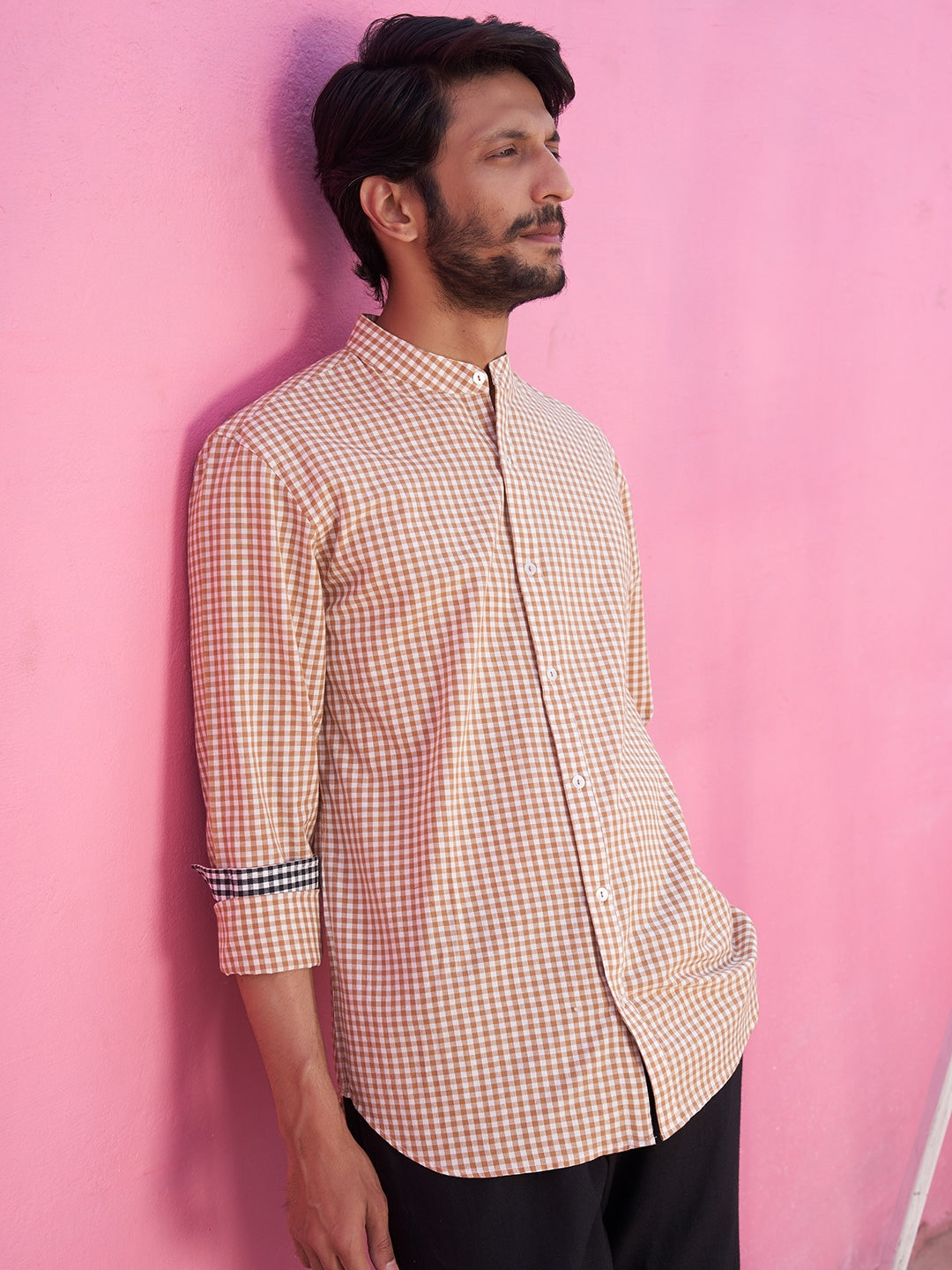 Mandarin collar Brown gingham checks shirt