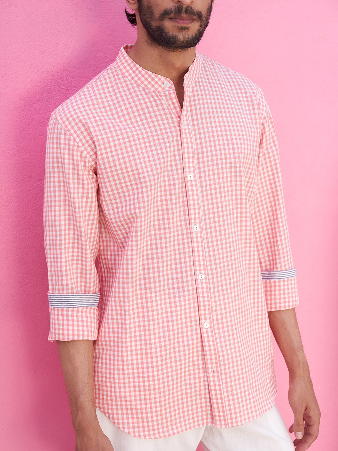 Mandarin collar pink gingham checks shirt