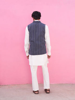Mandarin collar white kurta with kantha stripe jacket and Straight pants