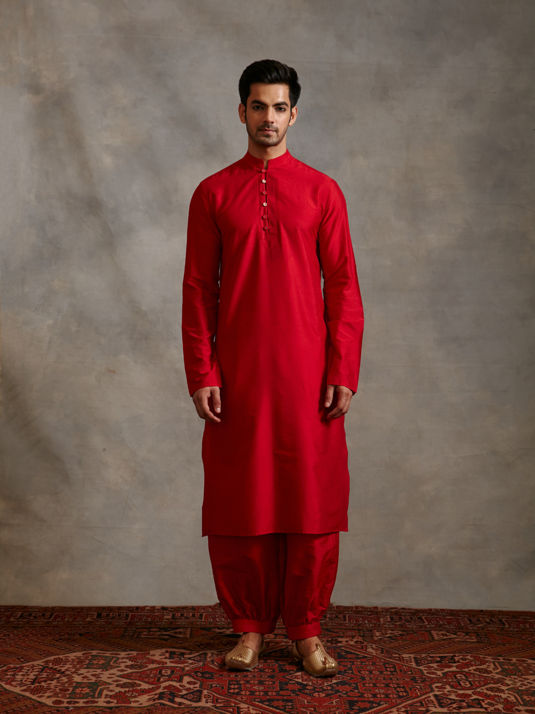 Banarasi kurta with Mandarin collar-red