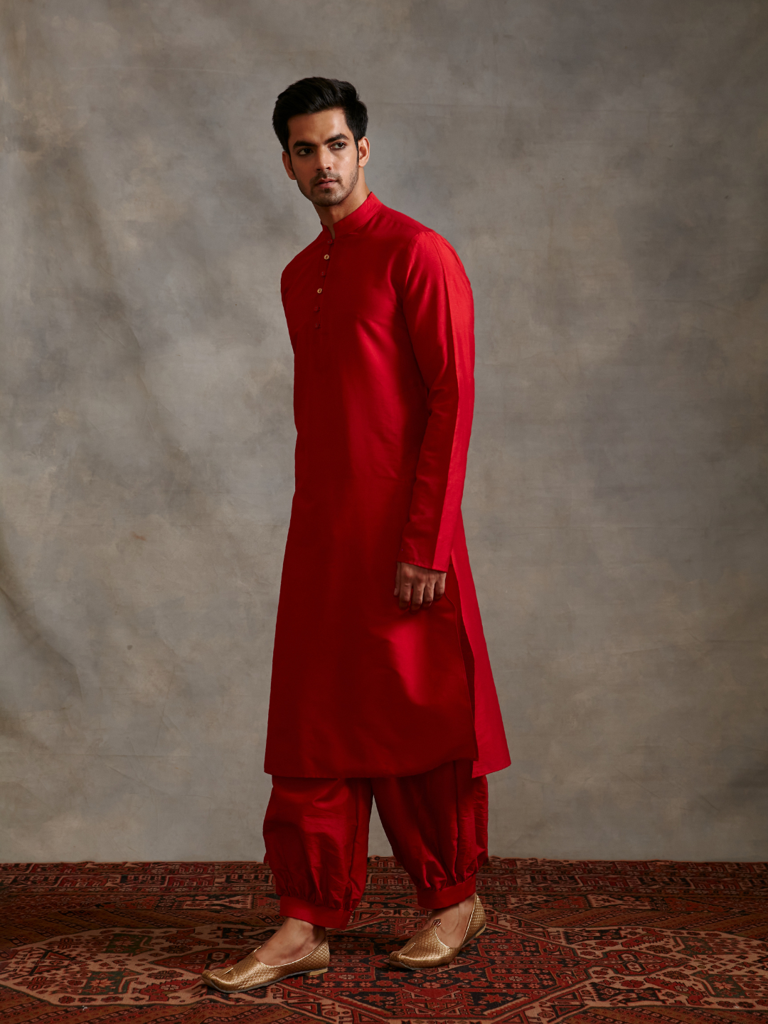 Banarasi Mandarin collar kurta with pathani pants- scarlet red