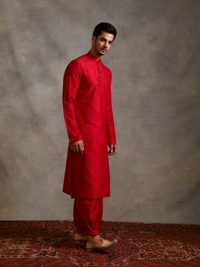 Banarasi Mandarin collar kurta with pathani pants- scarlet red