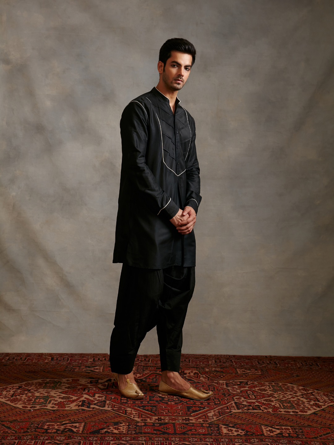 Banarasi kurta with contrasting detail paired with afghani pant-Metallic black