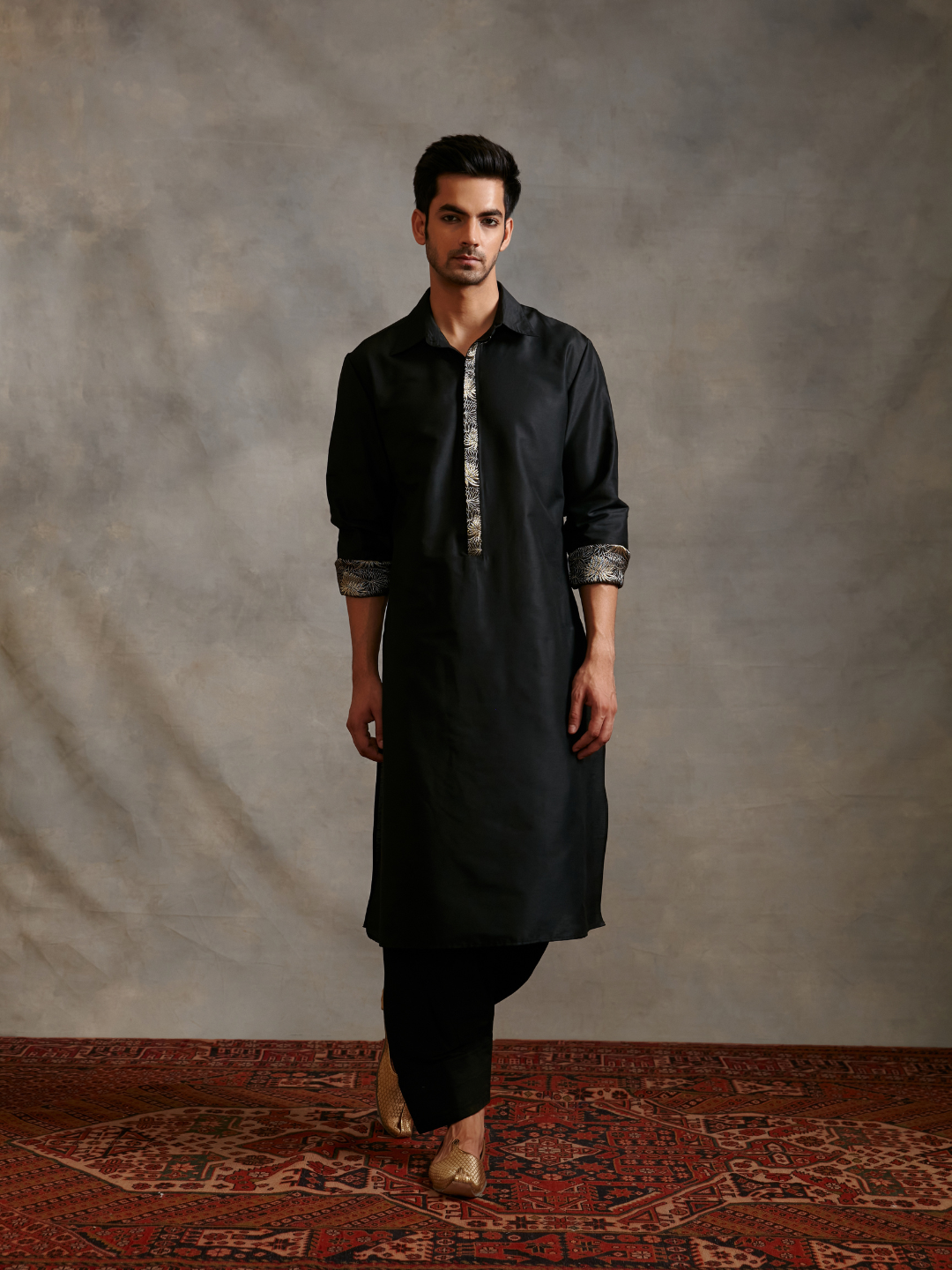 Banarasi collared kurta with zari placket-metallic black