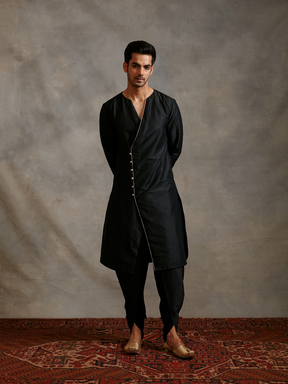 Overlapped buttoned down kurta -metallic black