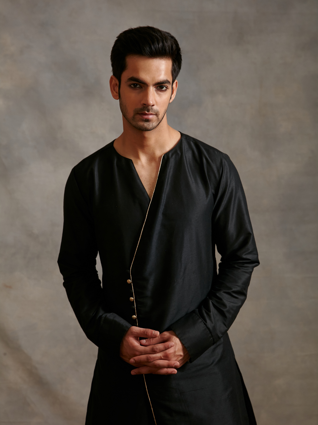 Overlapped Banarasi kurta Set - Metallic black