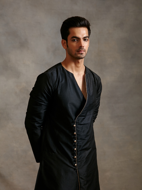 Overlapped Banarasi kurta with tulip pants- Metallic black