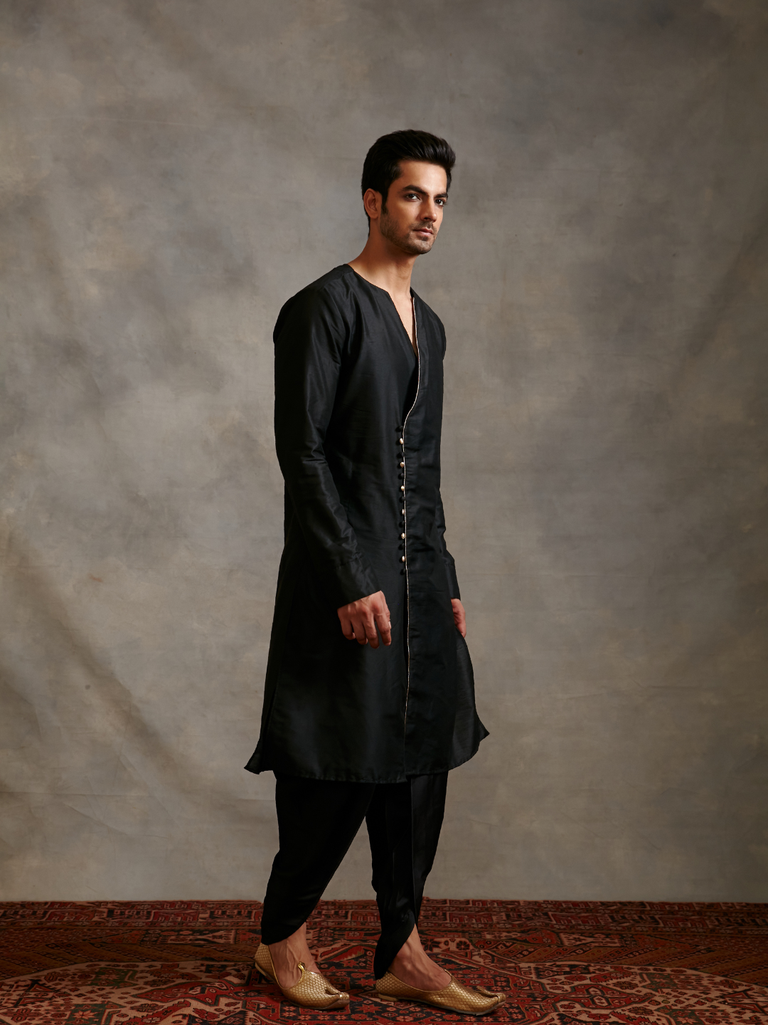 Overlapped Banarasi kurta with tulip pants- Metallic black