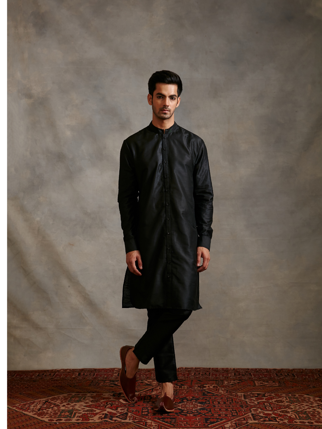 Banarasi buttoned down kurta- metallic black