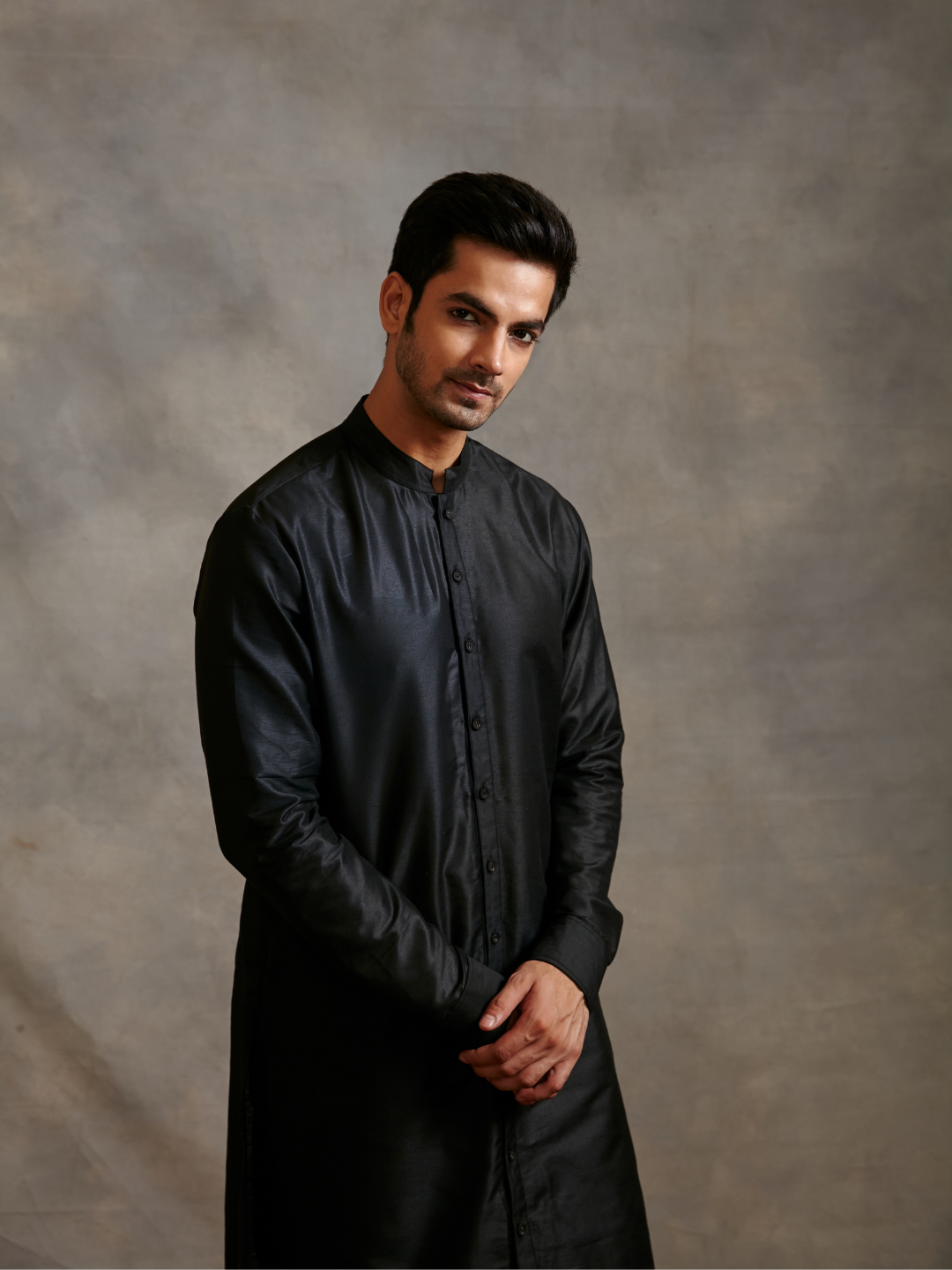 Banarasi buttoned down kurta- metallic black