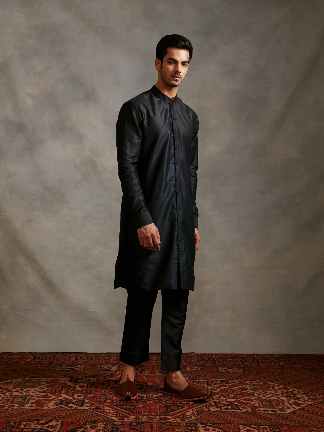 Banarasi buttoned down kurta- metallic black