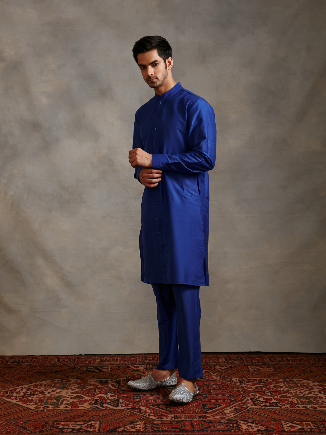 Banarasi buttoned down kurta- Imperial Blue