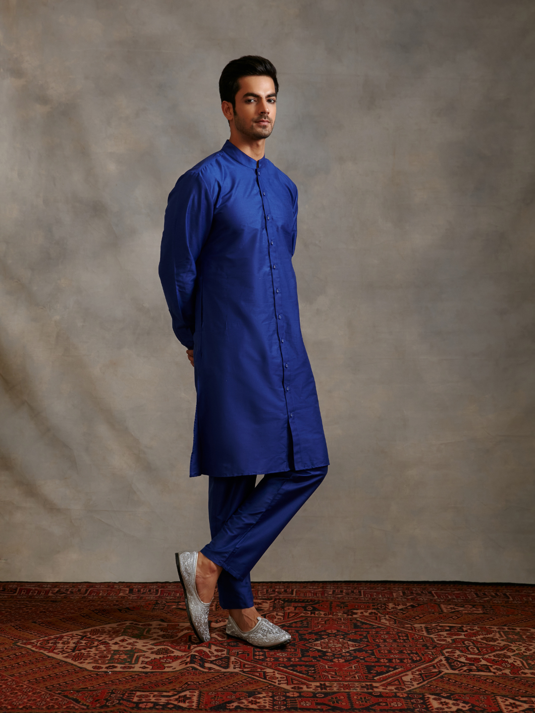 Banarasi buttoned down Kurta Set - Imperial blue