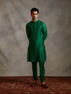 Banarasi buttoned down kurta- Emerald Green