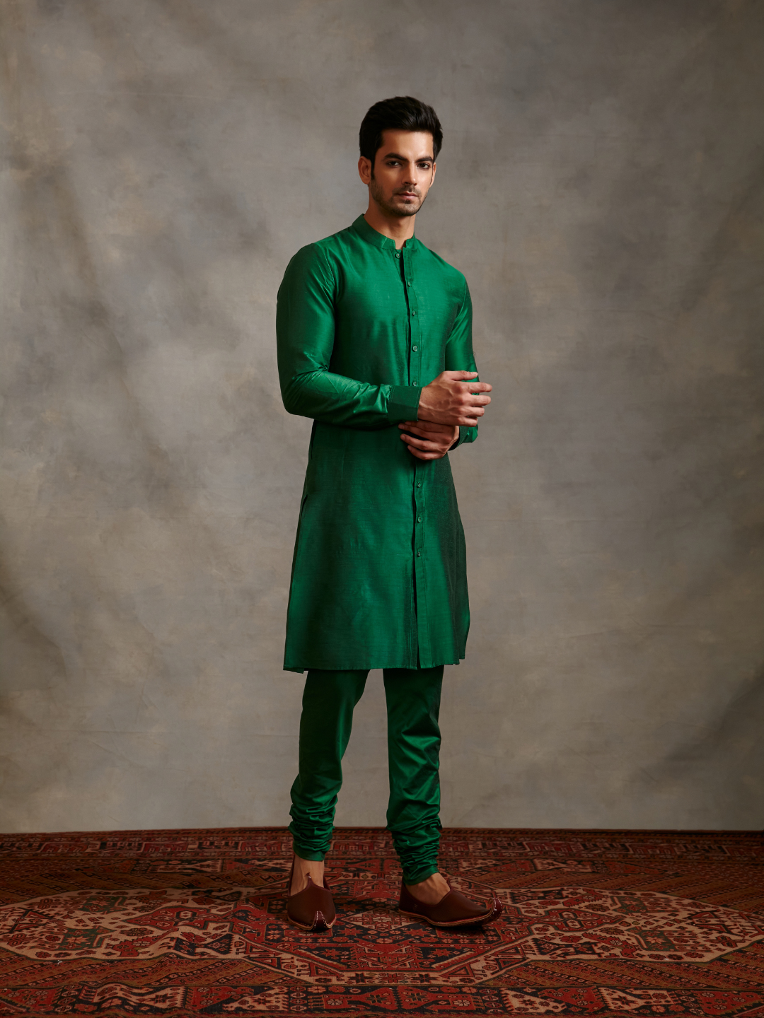 Banarasi buttoned down kurta- Emerald Green