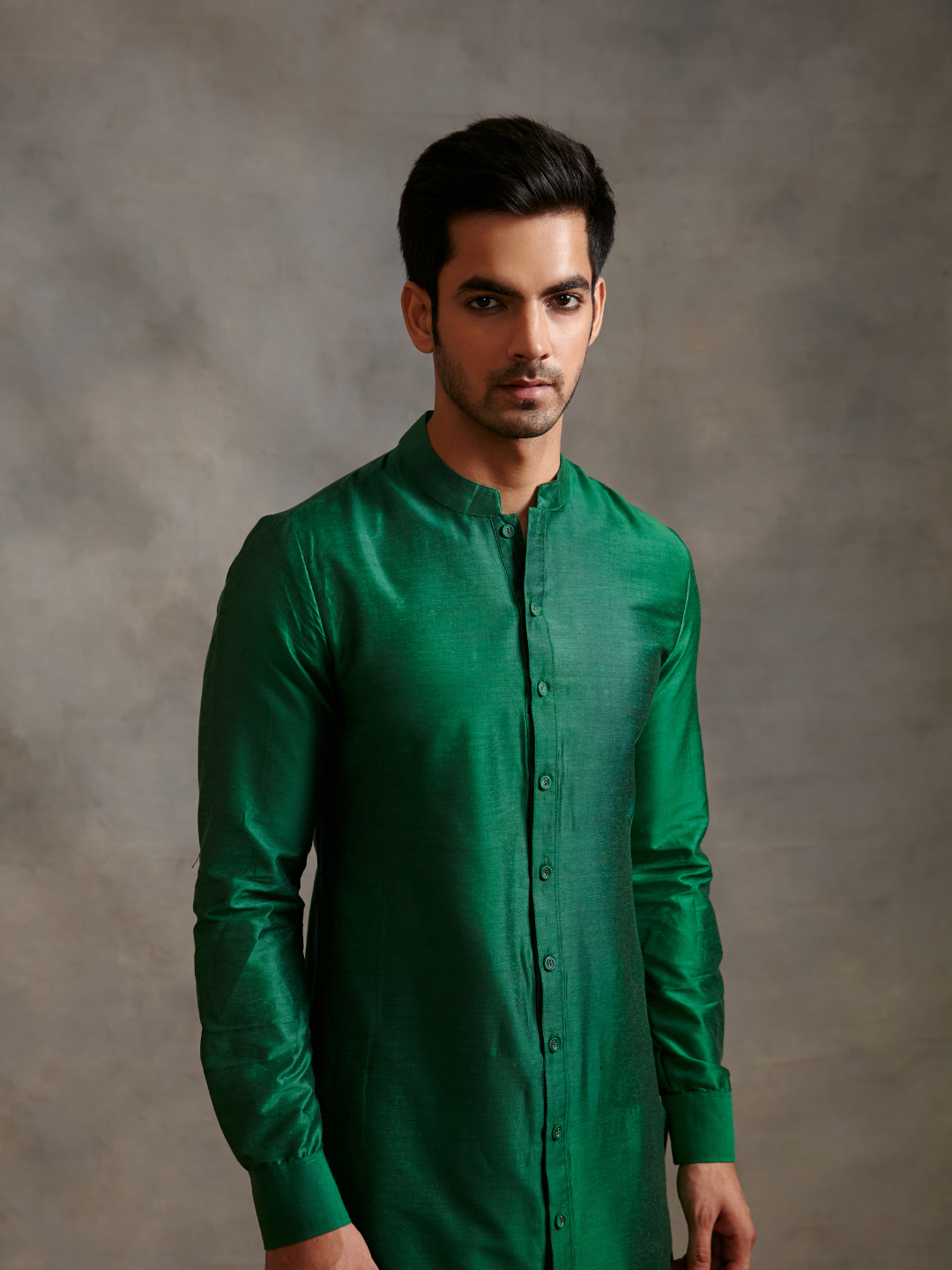 Banarasi buttoned down kurta- Emerald Green