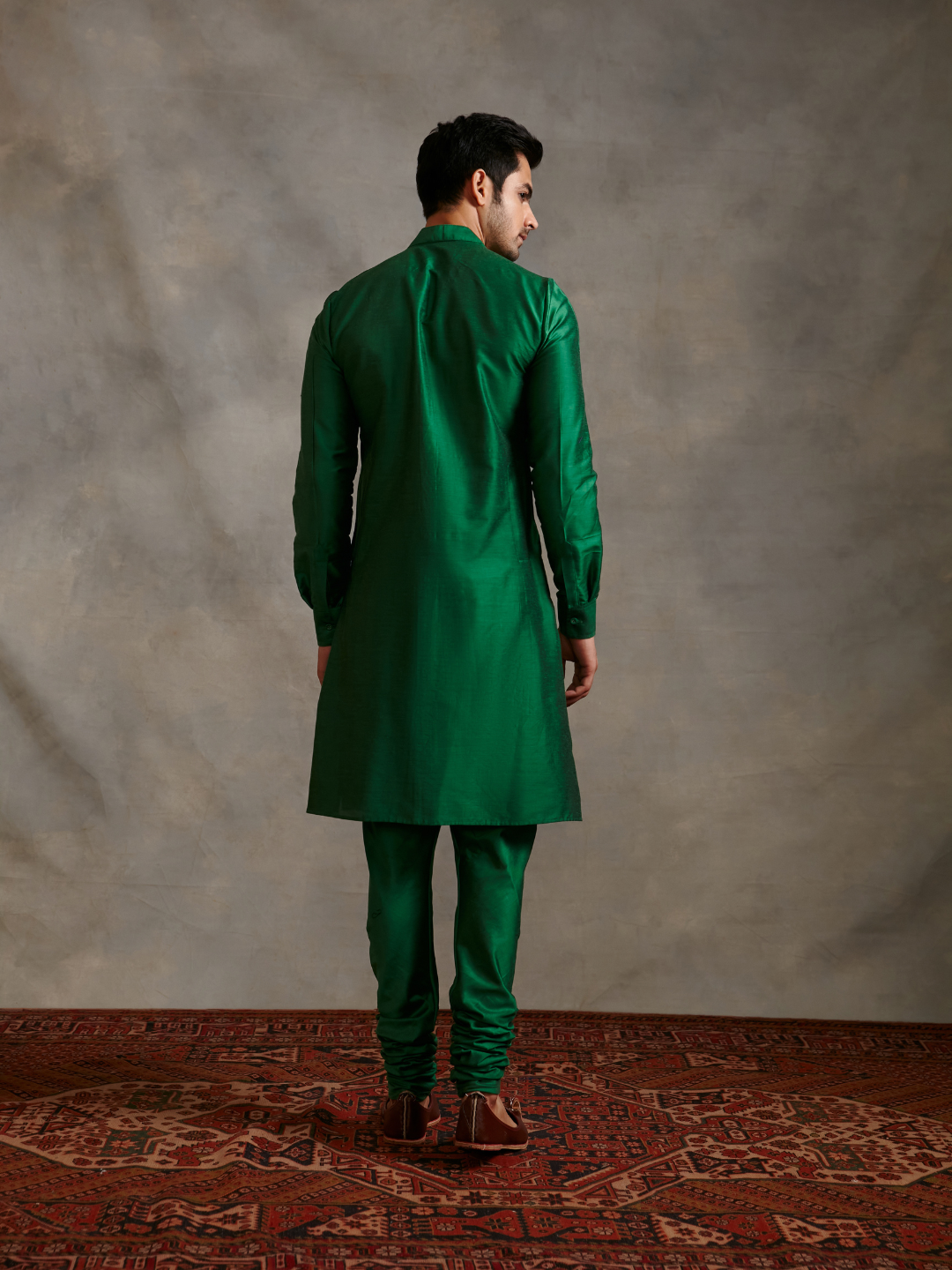 Banarasi buttoned down Kurta Set - Emerald Green