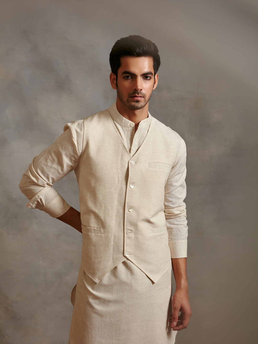 Straight cotton flax kurta with waistcoat-Ecru white