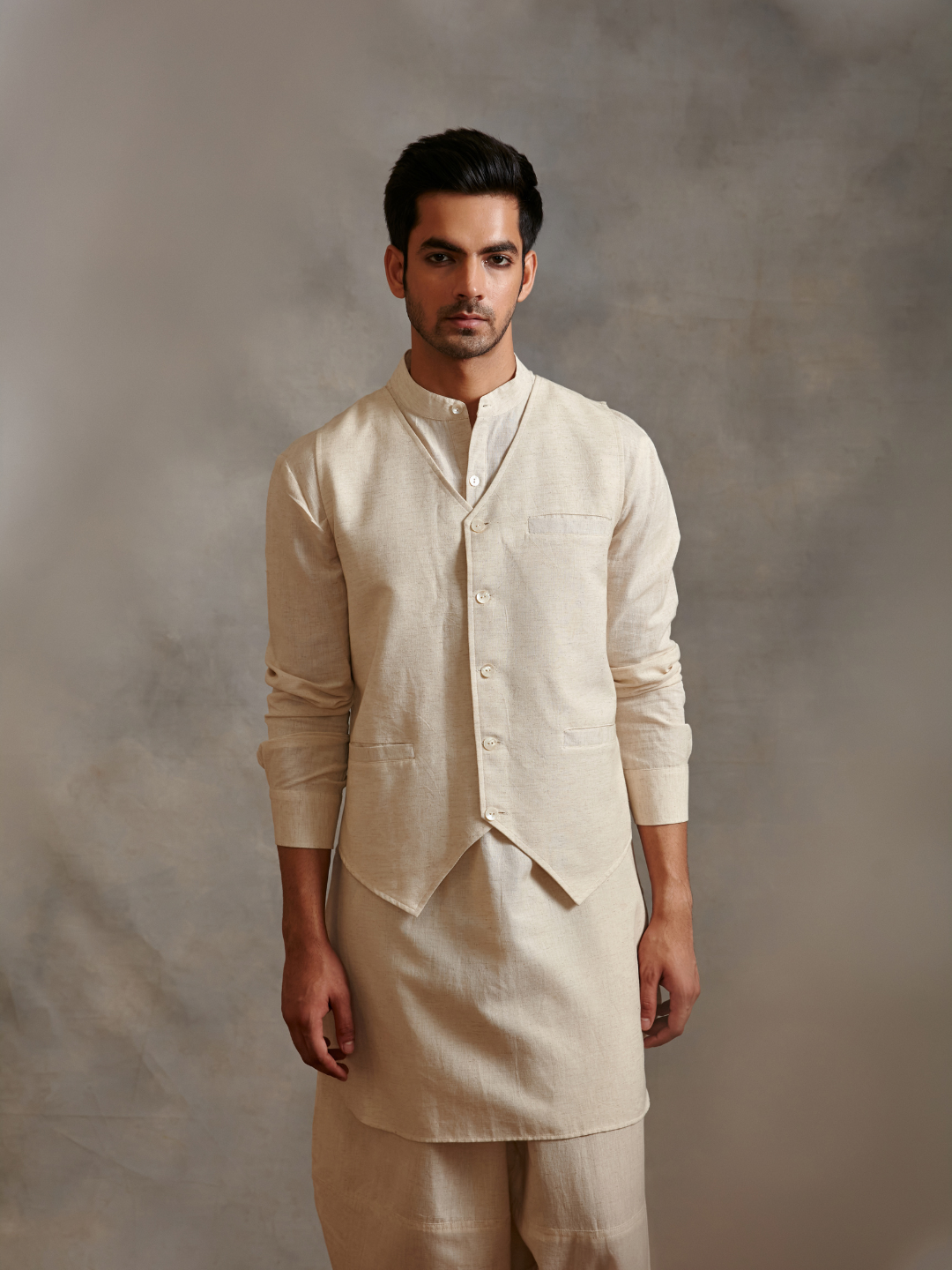 Straight cotton flax kurta with waistcoat-Ecru white