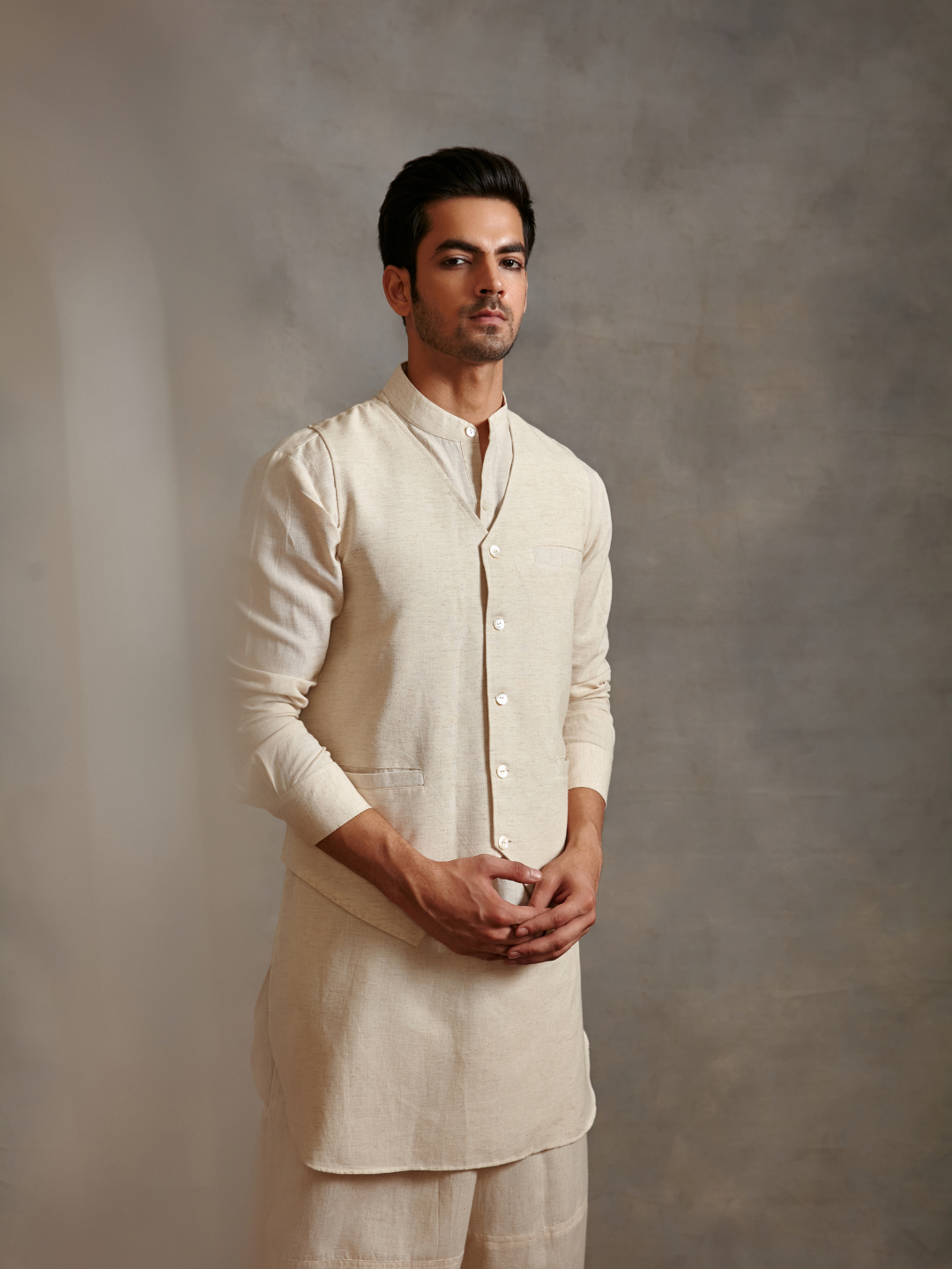 Straight cotton flax kurta with waistcoat-Ecru white