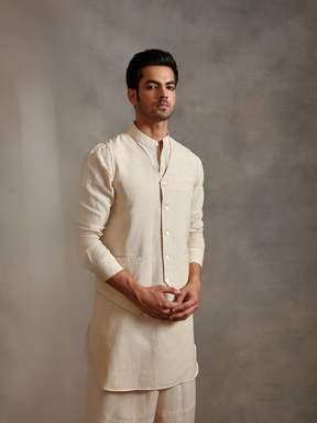 Straight cotton flax kurta with waistcoat-Ecru white