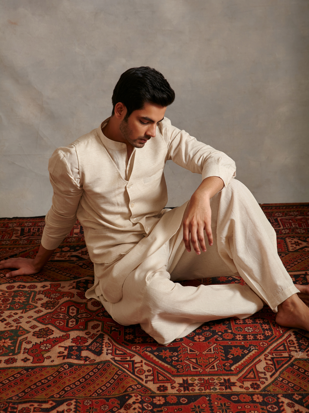 Straight cotton flax kurta with waistcoat-Ecru white