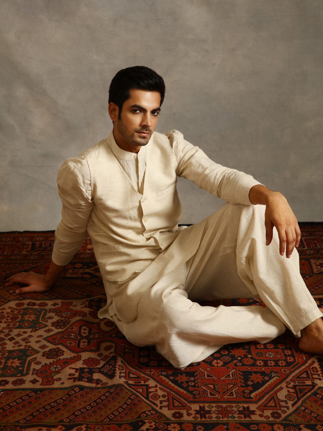 Straight cotton flax kurta with waistcoat-Ecru white