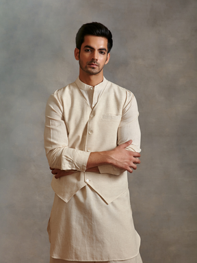 Straight cotton flax kurta with waistcoat-Ecru white