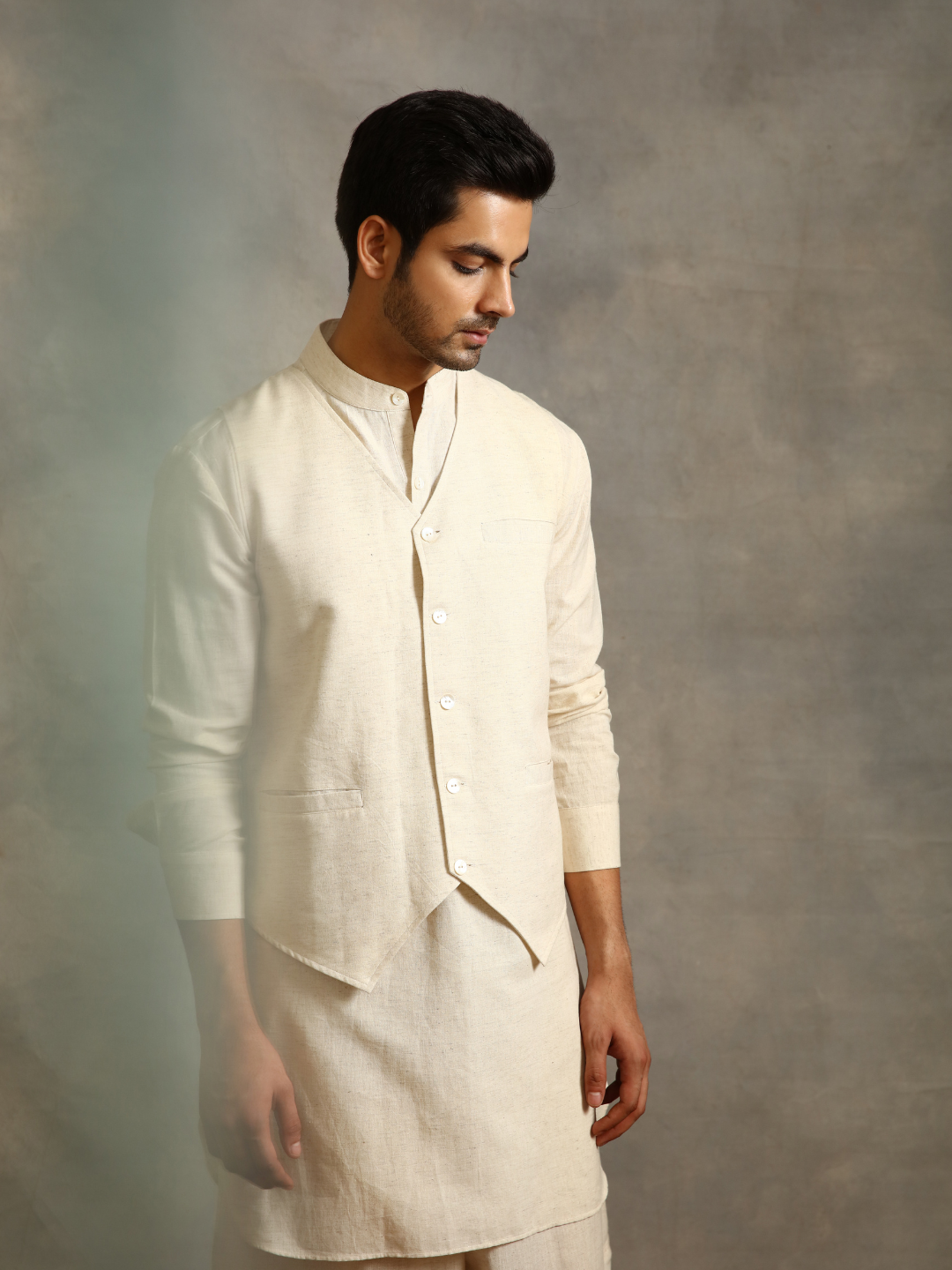 Straight cotton flax kurta with waistcoat-Ecru white
