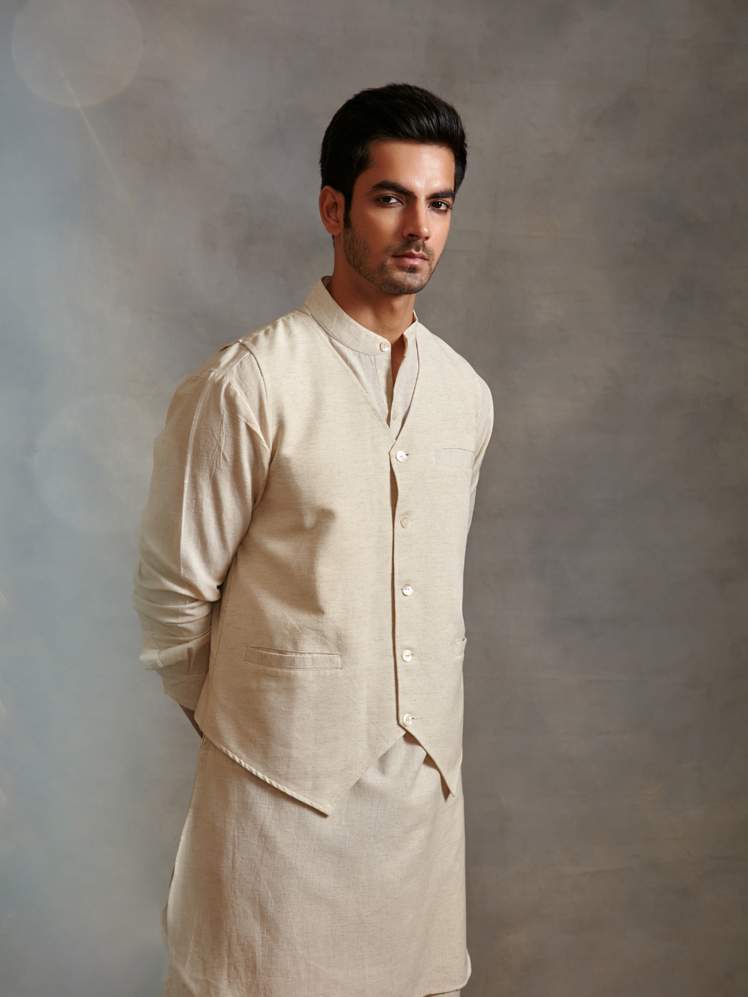 Straight cotton flax kurta with waistcoat-Ecru white