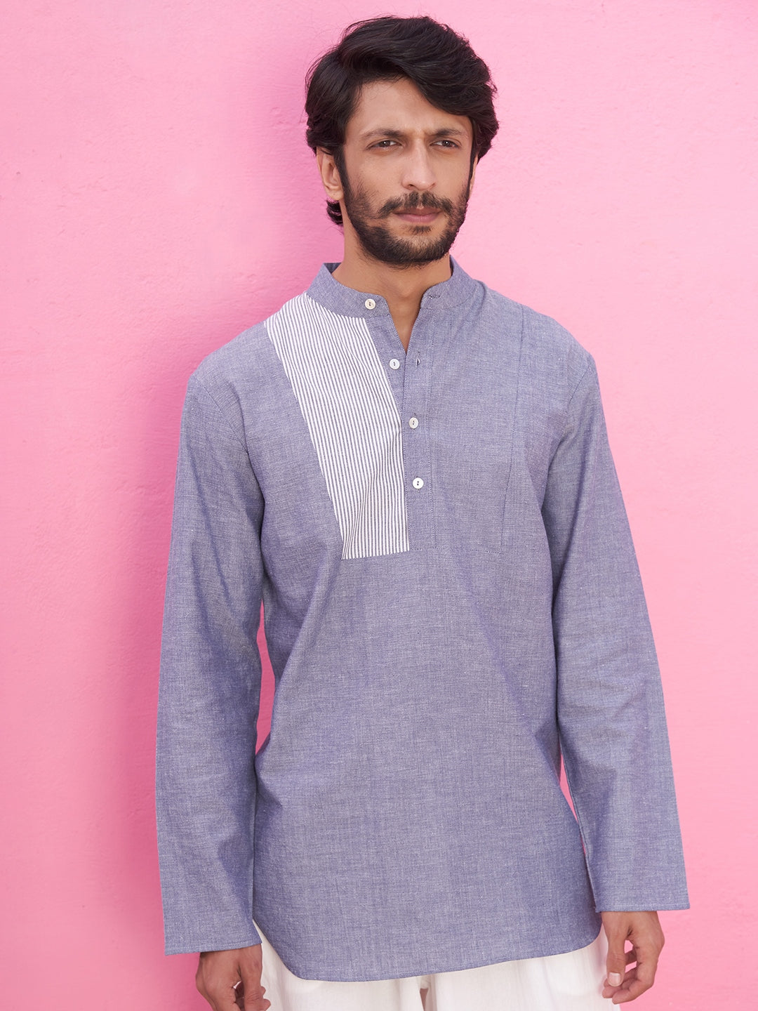 Chambray shirt kurta with neck yoke with panelled pants