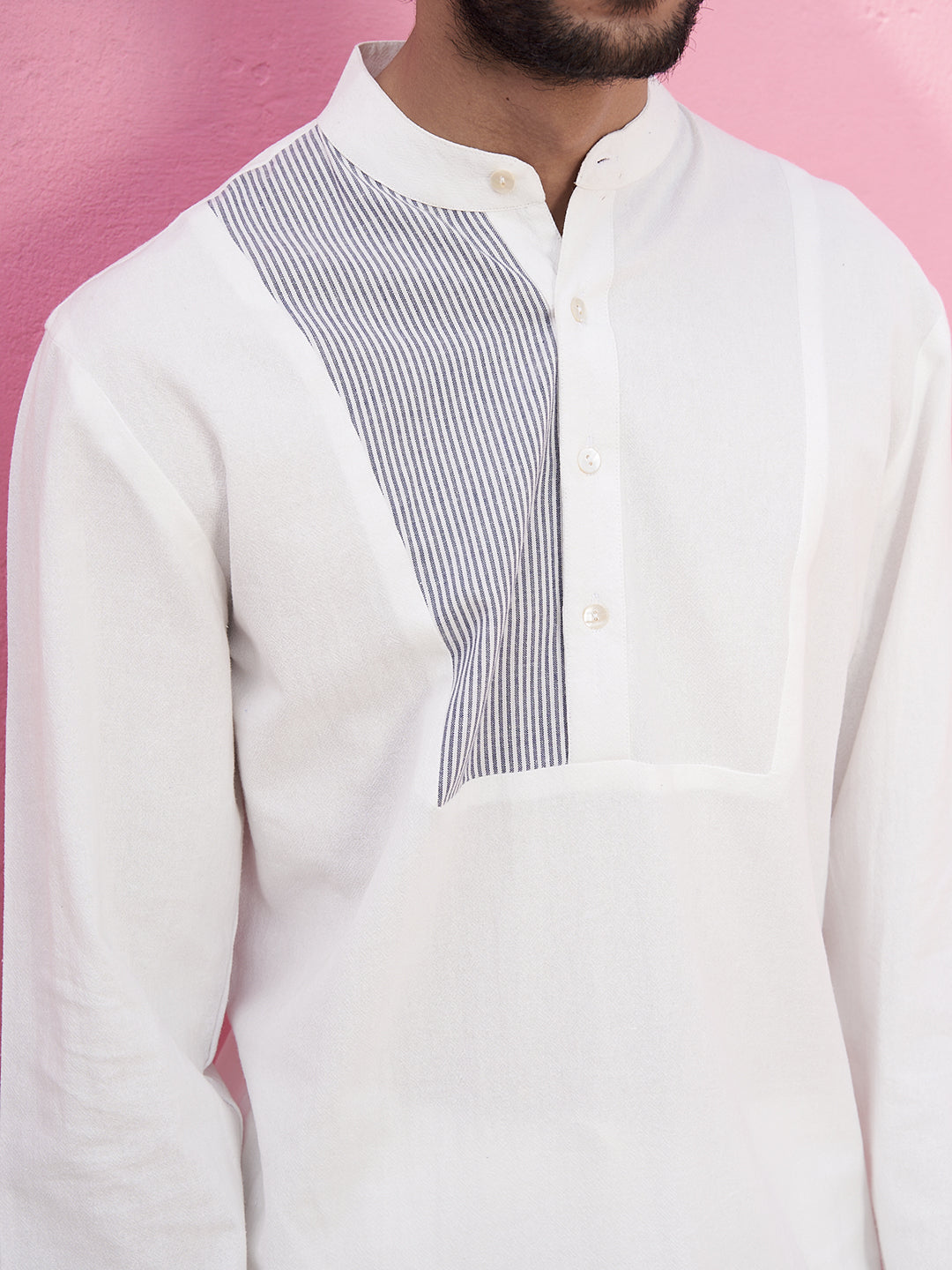 White Shirt kurta with striped neck yoke