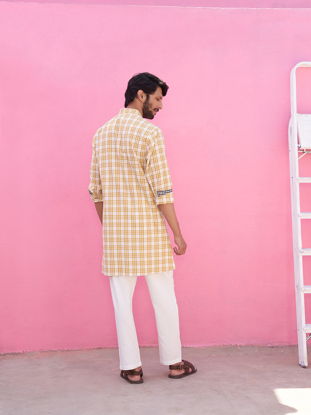 Mandarin collar yellow plaid checks kurta Set