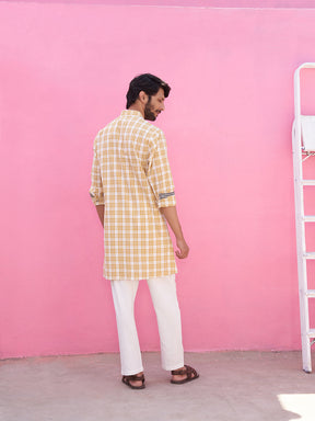 Mandarin collar yellow plaid checks kurta Set