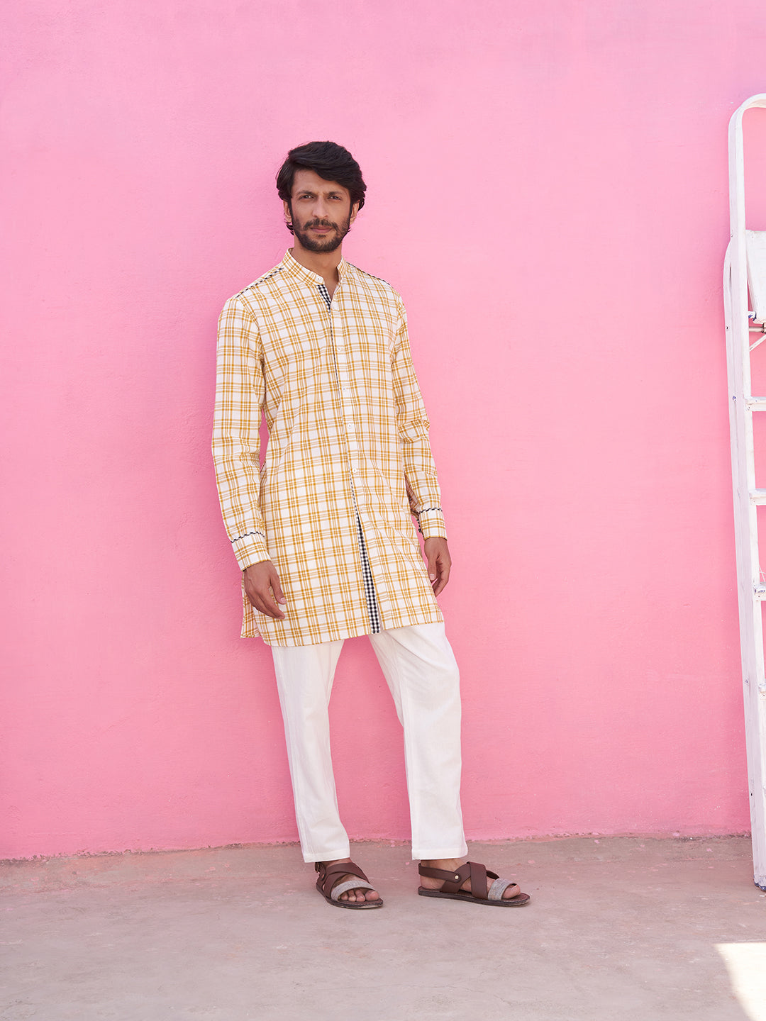 Mandarin collar yellow plaid checks kurta