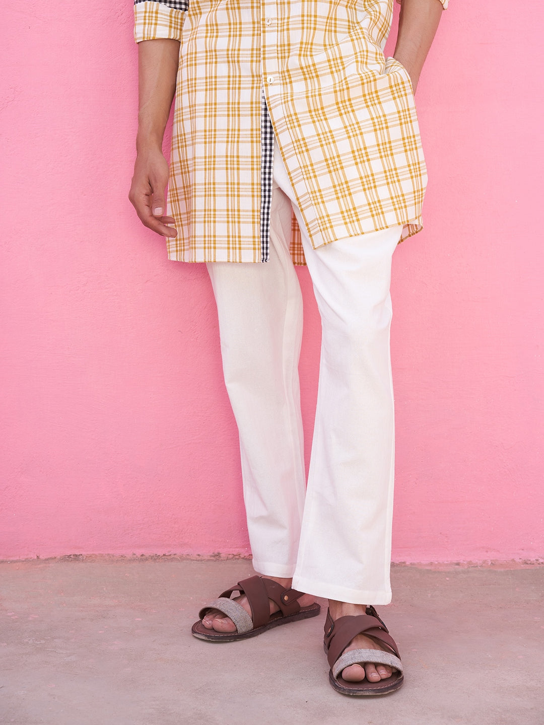 Mandarin collar yellow plaid checks kurta