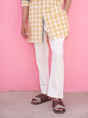 Mandarin collar yellow plaid checks kurta