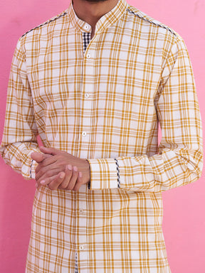 Mandarin collar yellow plaid checks kurta Set