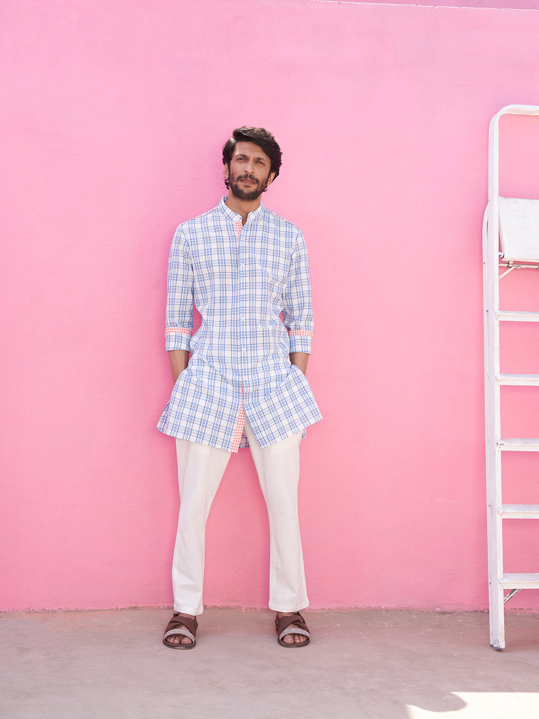 Mandarin collar blue plaid checks kurta Set